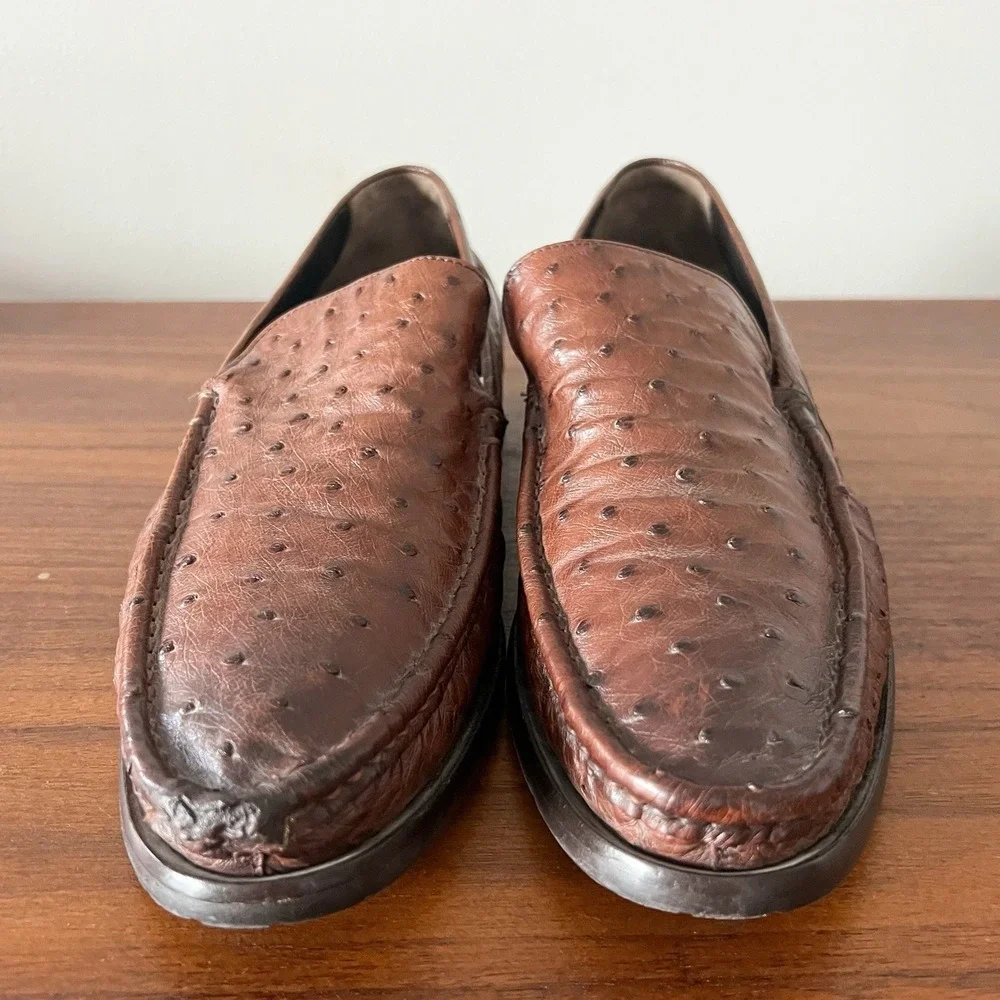 Mezlan Platinum Ostrich Leather Slip On‎ Loafers Brown Men's Size 10